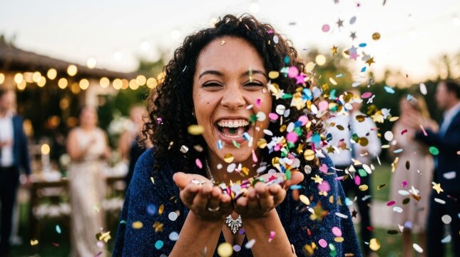 A woman smiling and throwing confetti at a wedding reception.