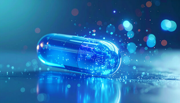 Digital Medicine: A luminous blue capsule, filled with shimmering particles, rests on a reflective surface, symbolizing the convergence of technology and healthcare innovation.