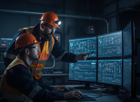 Two professional engineers wearing protective helmets and orange reflective vests analyze complex infrastructure data patterns on multiple computer screens within a dark industrial control room