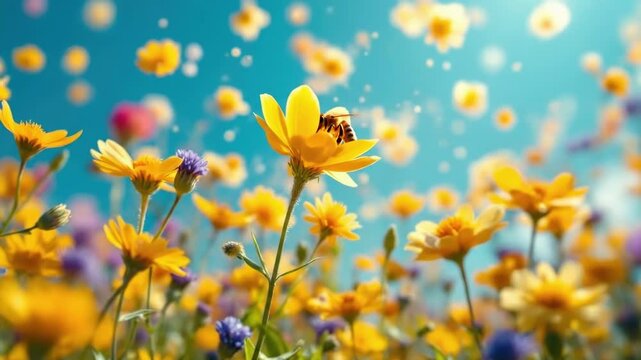 Bee pollinating vibrant daisy flowers in a sunny wildflower meadow