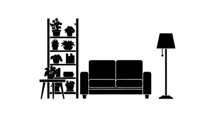 Fototapeta premium Vector illustration of minimalist living room furniture silhouette with sofa, bookshelf and lamp on a transparent background