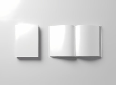 A pair of paper journals rests flat for a presentation layout featuring a closed version and an open spread to show the interior pages for designers who wish to showcase their creative