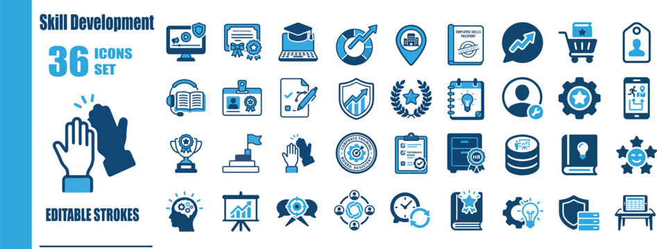 Skill Development Duotone Line Icon Set - Flat Vector Corporate LMS Symbols, HR Training Badges, Workplace Upskilling, and Talent Management UI Interface Signs