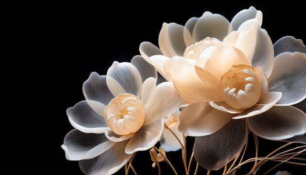 delicate transparent neutral creme colored artificial flowers on a black background farewell or grieving greeting card condolence or loss support ai generated