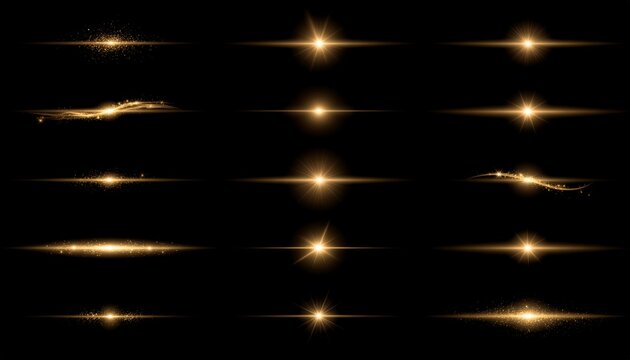 Horizontal glowing golden light streak lines on black 黒背景の金色の水平光ライン線素材 イラスト