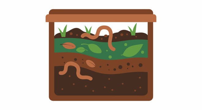Flat Vector Illustration of a Worm Farm Vermicomposting Bin showing Earthworms in Soil Layers with Organic Matter and Leaves for Sustainable Gardening