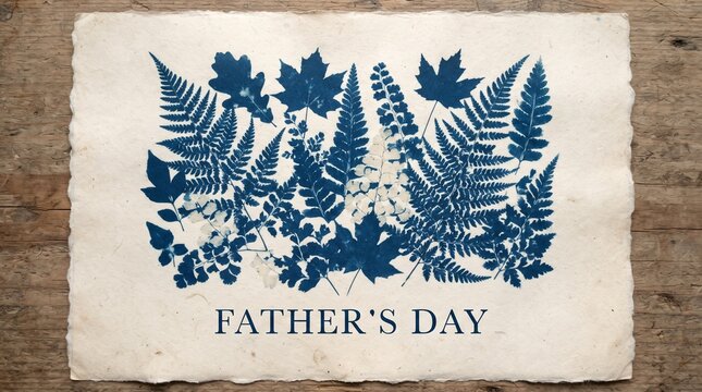 A handmade artisanal Father's Day greeting card featuring a botanical cyanotype print of various ferns and leaves on textured deckled-edge paper against a rustic wood background
