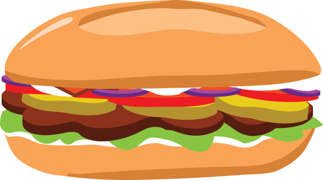 : Colorful flat vector illustration of a hearty Mexican torta or sub sandwich packed with meat patties, fresh green lettuce, sliced pickles, tomatoes, and red onions in a crusty bolillo bun,isolated o