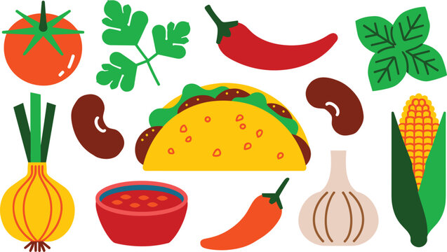 Colorful flat vector illustration of a Mexican cooking icon set, featuring a hard shell taco surrounded by fresh culinary ingredients including a whole tomato, an onion, chili pepperssalsa bowl, and h