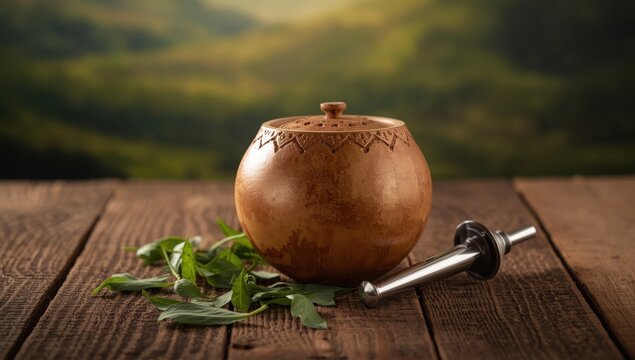 Nutritious infused beverage, traditional Yerba Mate tea served in a gourd on a wooden surface.