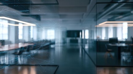 Fototapeta premium Futuristic digital network overlay illuminates a modern office hallway with glass partitions and ambient lighting