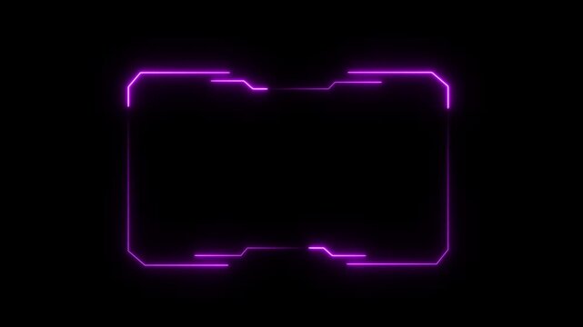 Glowing purple neon digital frame with a futuristic tech style and rounded corners isolated on a solid black background for screen overlays