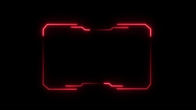 Glowing red neon rectangular frame with rounded corners and digital interface lines isolated on a black background for futuristic overlays