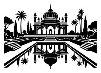 Islamic palace with grand dome and reflection in a long garden pool in black and white architectural style © Camel