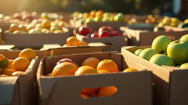 Fresh apples and oranges in sunlit cardboard boxes at an outdoor market