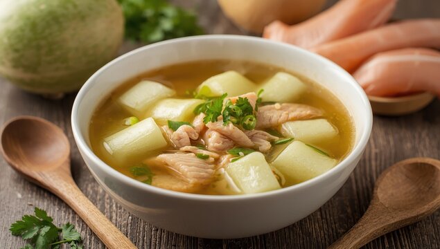 Nutritious soup of boiled winter melon and ground chicken. Rich in protein, low in fat.