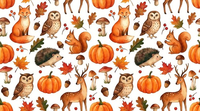 Autumn forest animals and fall harvest elements seamless pattern background