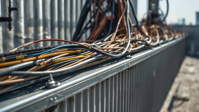 Detailed view of grounding bar and cable assembly on a textured metal wall at rooftop station.