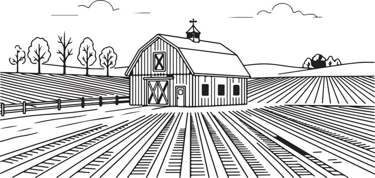 Rustic barn in a plowed field with trees