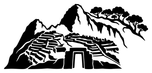 Fototapeta premium Machu Picchu ancient inca ruins with terraced landscape and mountain peaks in black and white stencil style
