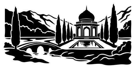 Mughal architecture with dome tomb reflecting pool and arched bridge in black and white stencil style © Camel