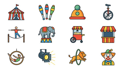 Fototapeta premium Sleek Colorful Circus Themed Icons Set Showcasing Iconic Performers Acts and Attractions in Vibrant Illustrations