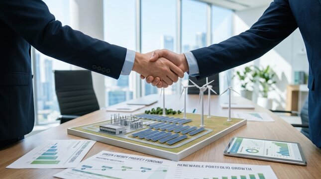 Business partners shaking hands over table with renewable energy model featuring solar panels and wind turbines, green investment deal closing