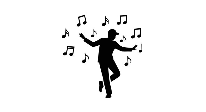 Silhouette of a man dancing joyfully surrounded by musical notes.