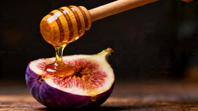 Golden honey dripping on fresh fig close up