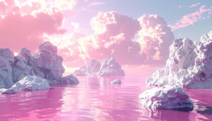 Dreamy Pink Landscape - Surreal Water, Clouds, and Rocks. © leklisun