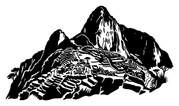 Machu Picchu ruins beneath Huayna Picchu in black engraving style