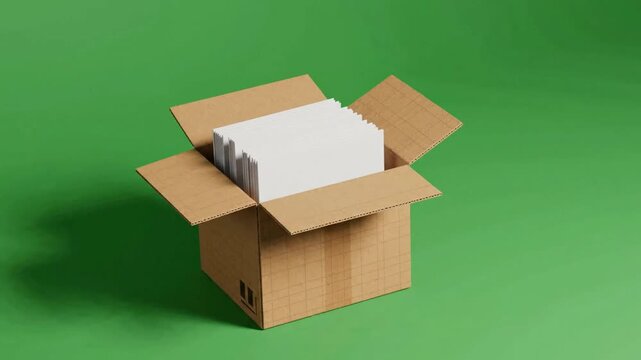 Open cardboard box filled with blank white paper sheets on green screen background, open box shipping
