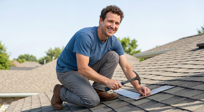 Smiling roofer using a hammer to install metal flashing on an asphalt shingle roof. Male contractor kneeling during a residential roof repair project. Home exterior maintenance