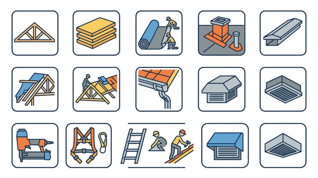 Modern Illustrated Guide to Roofing and Construction Tools Materials and Safety Gear in Bright Colors