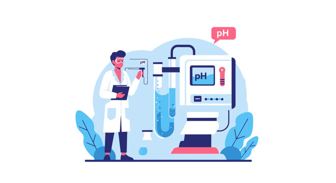 Scientist in Lab Coat Measuring pH Levels of Liquid with Professional Digital Equipment Illustration