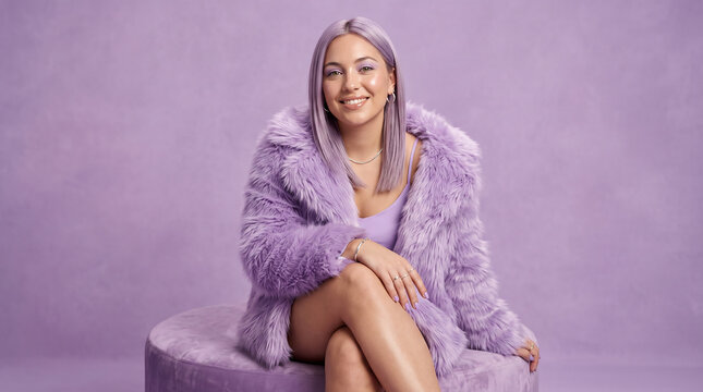 Portrait of a smiling woman in lavender coat sitting on a studio bench