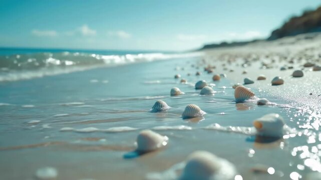 Seashells on serene sandy beach under clear blue sky and calm ocean waves