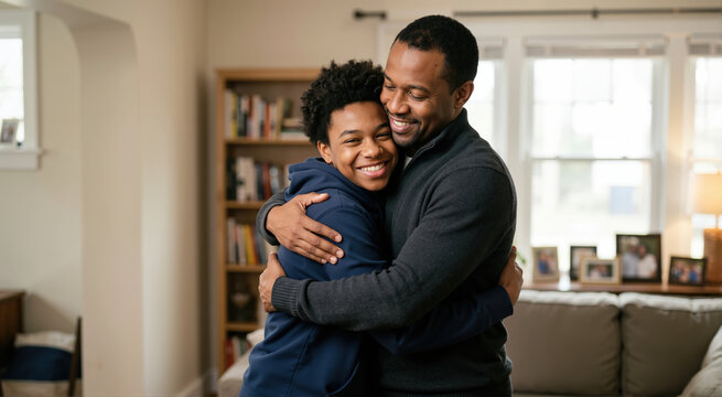Happy Black father and teenage son hugging in a cozy living room. Positive parenting and strong family bond concept