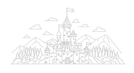 Fototapeta premium Fairytale castle with mountains and trees in outline style