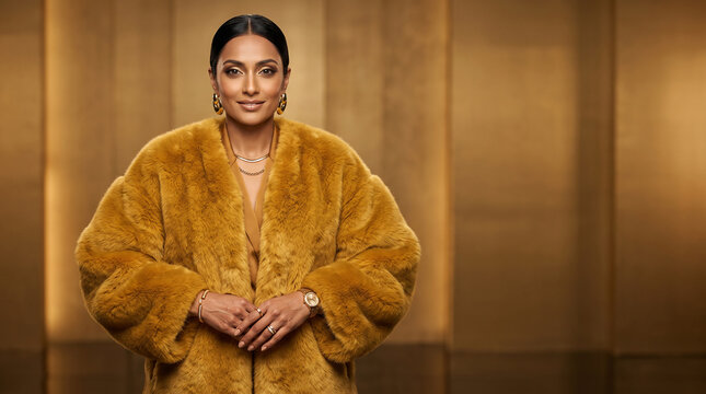 Elegant woman in faux fur coat standing indoors with confident expression