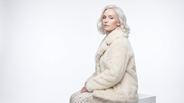 Portrait of an elderly woman in a faux fur coat with a neutral background