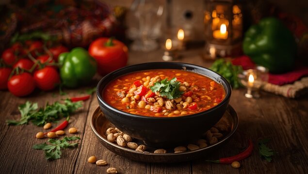 Bowl of Harira soup on wooden table. Classic Moroccan tomato soup with chickpeas and lentils. Ramadan theme.