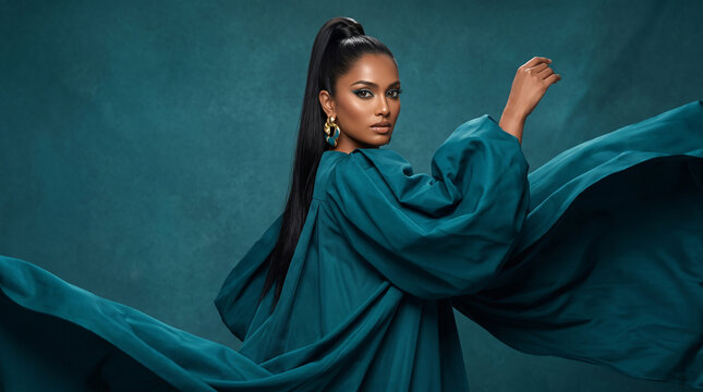 Fashionable woman in elegant couture cape posing in studio with dramatic lighting