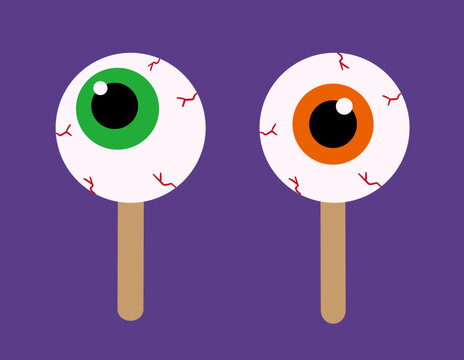 Spooky Halloween Eyeball Candy and Lollipop Vector Set.
Flat Eyeball Lollipop Icon for Halloween Party.