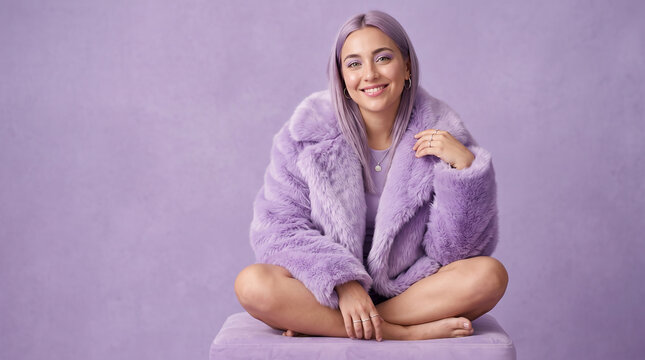 Fashion editorial with smiling woman in cozy purple sweater on gray background