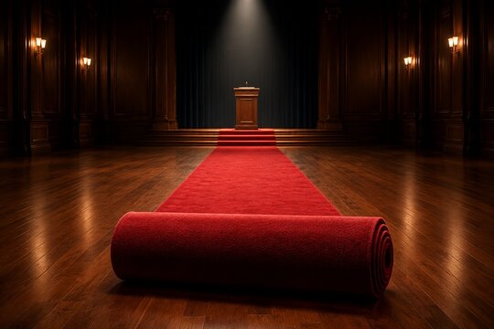 A red carpet being rolled up from a floor, leading to an empty podium.