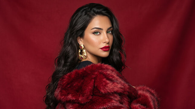 Elegant woman posing in a luxury faux fur coat against a deep red background