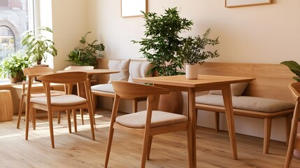 Fototapeta premium Modern wooden tables and chairs arranged in a cozy caf space with potted plants and light colored walls