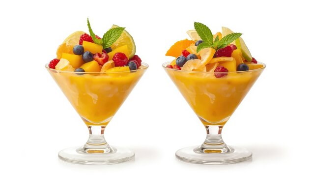 Tasty mango panna cotta topped with fruit and mint in clear glasses on a white background.