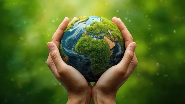 Hands grasping a mossy globe against a green backdrop, representing environmental protection and Earth Day.